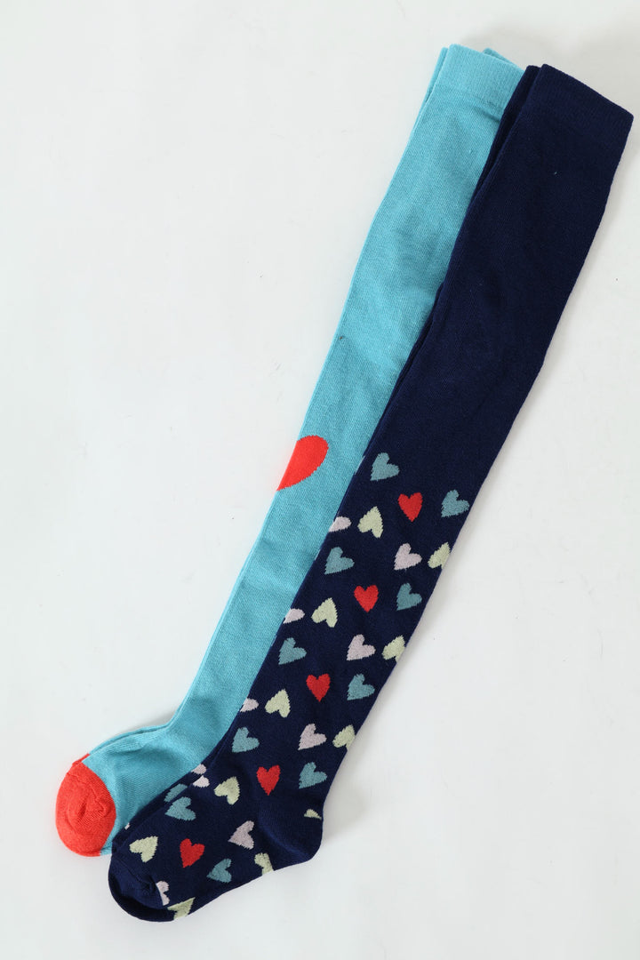 Pre-Girls 2 Pack Heart Print Tights - Navy
