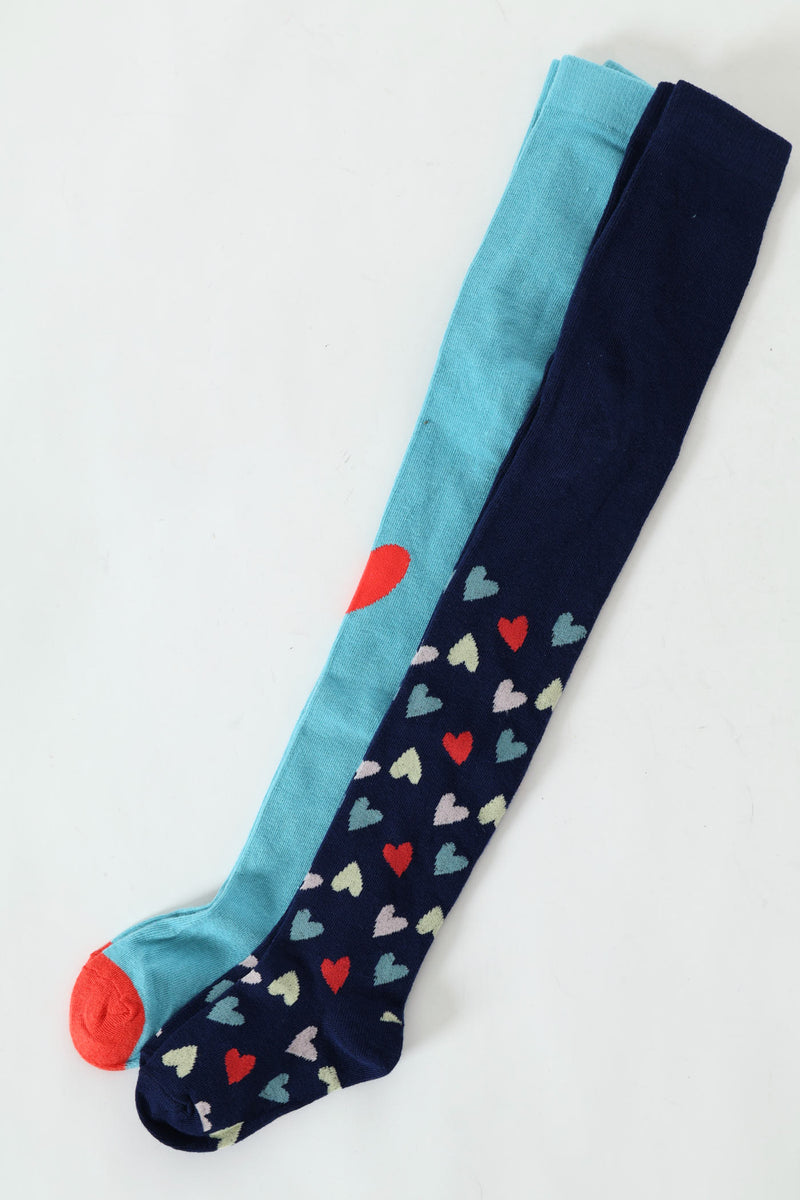 Pre-Girls 2 Pack Heart Print Tights - Navy