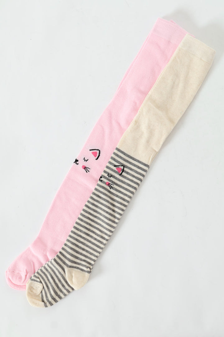 Pre-Girls 2 Pack Stripe Whiskers Tights - Oatmeal