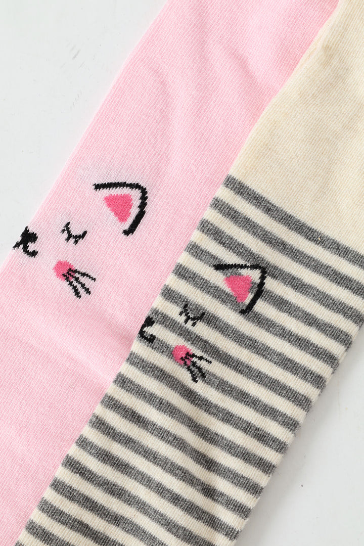 Pre-Girls 2 Pack Stripe Whiskers Tights - Oatmeal