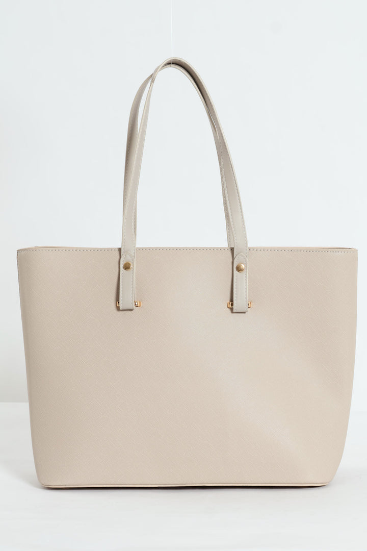Gold Trim Shopper Bag - Stone