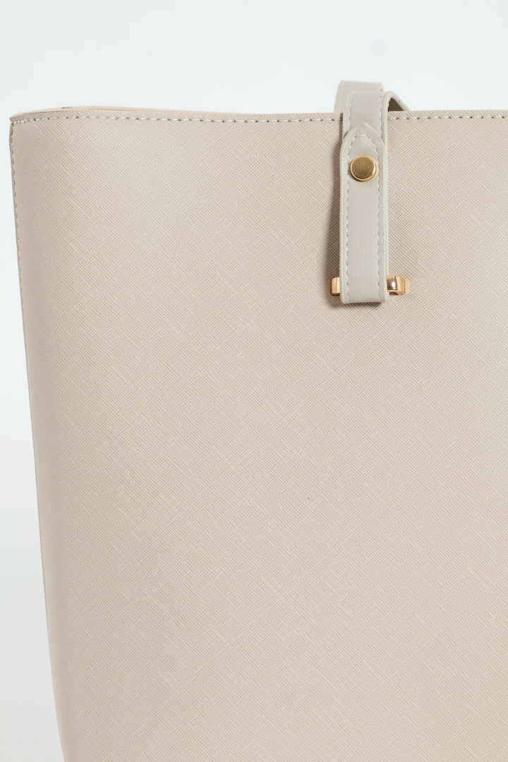 Gold Trim Shopper Bag - Stone