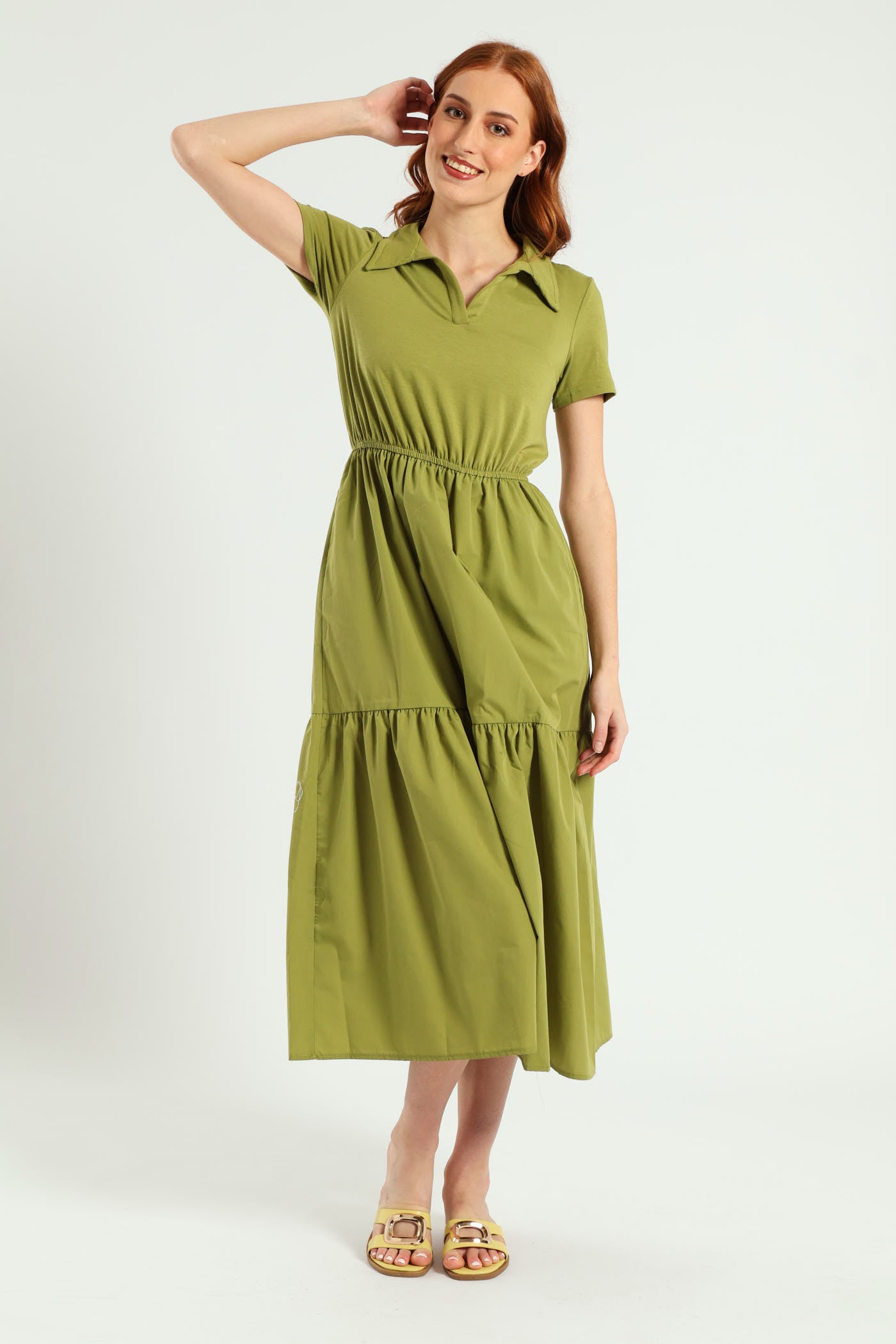 Ladies Jonny Collar Tiered Cotton Combo Midaxi Dress - Olive – Edgars