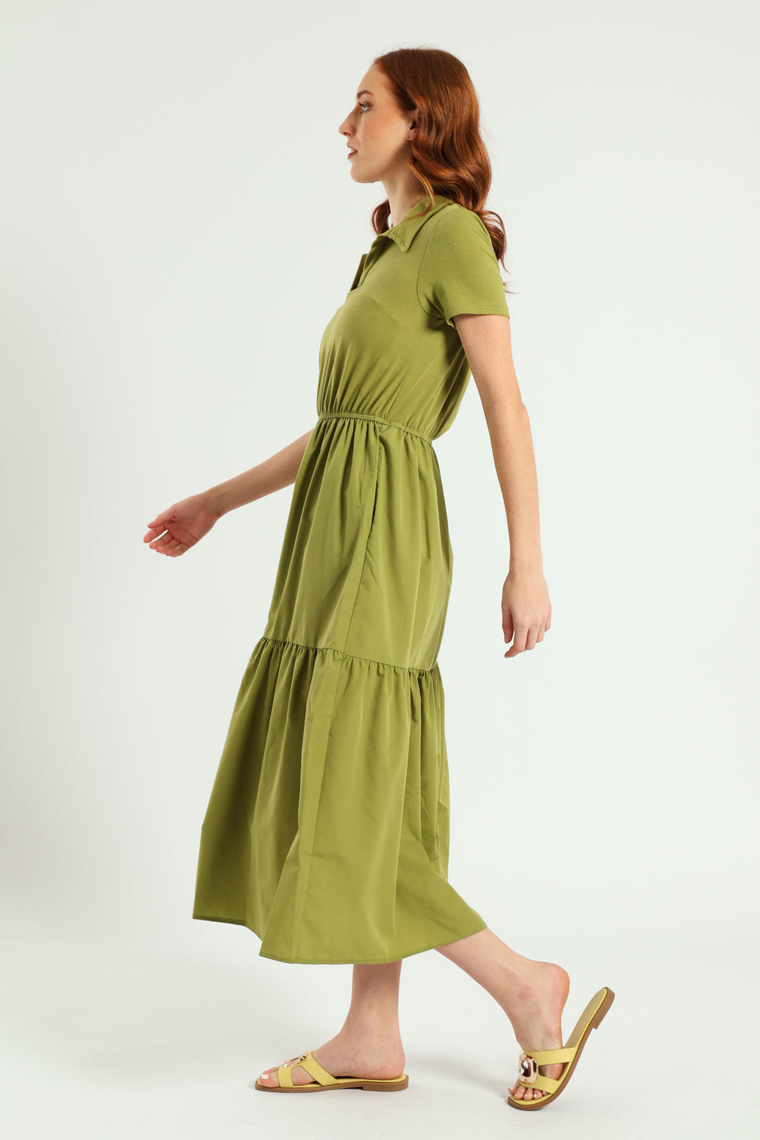 Jonny Collar Tiered Cotton Combo Midaxi Dress - Olive