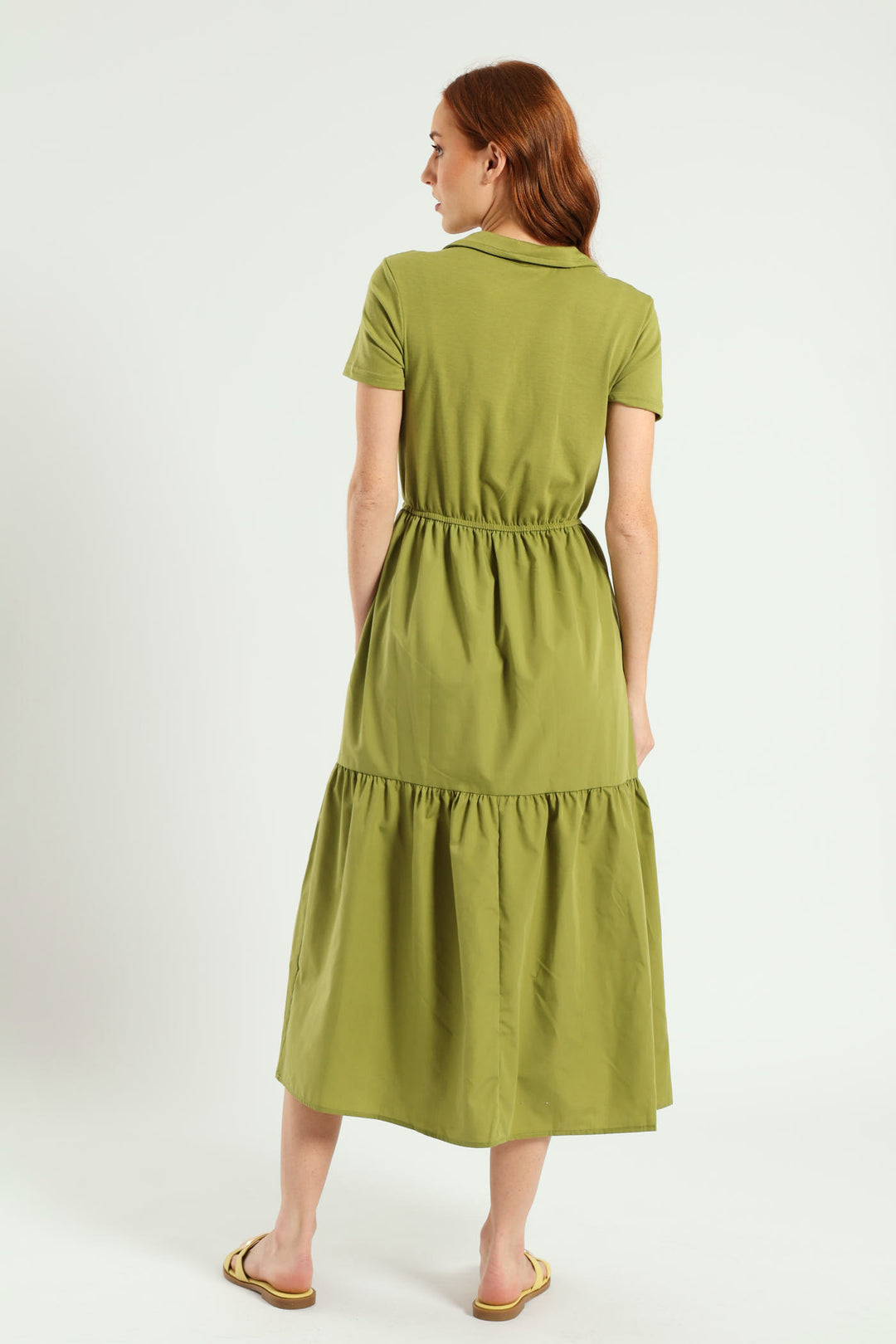 Jonny Collar Tiered Cotton Combo Midaxi Dress - Olive