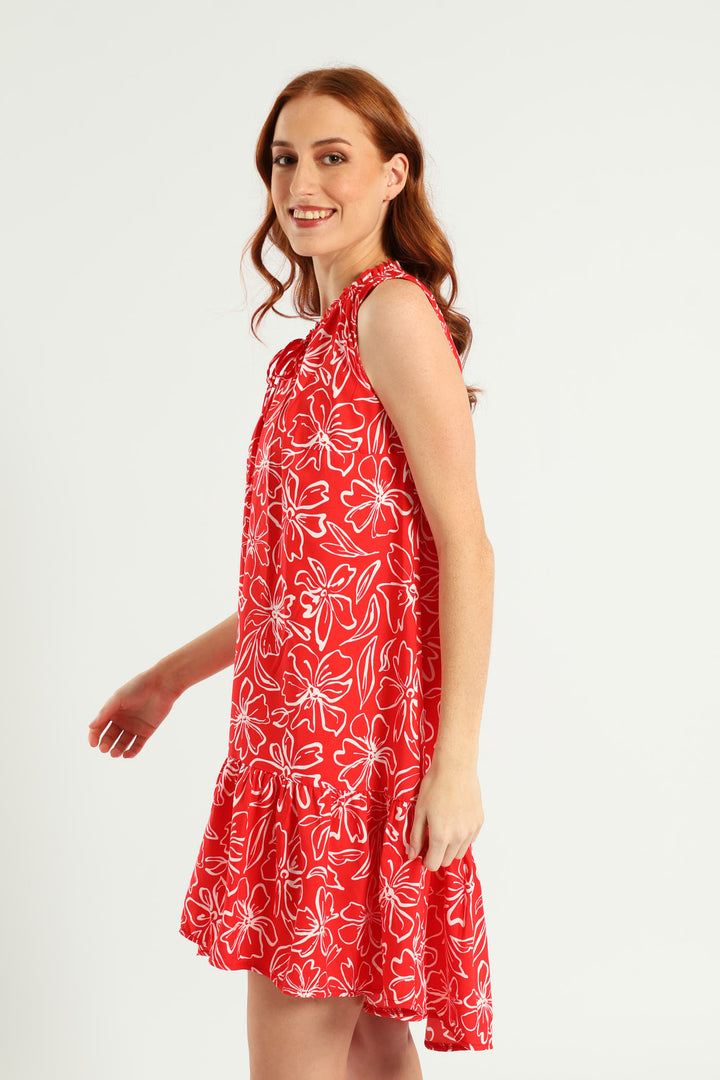 Sleeveless Printed Frill Neck Drop Hem Dress - White/Red