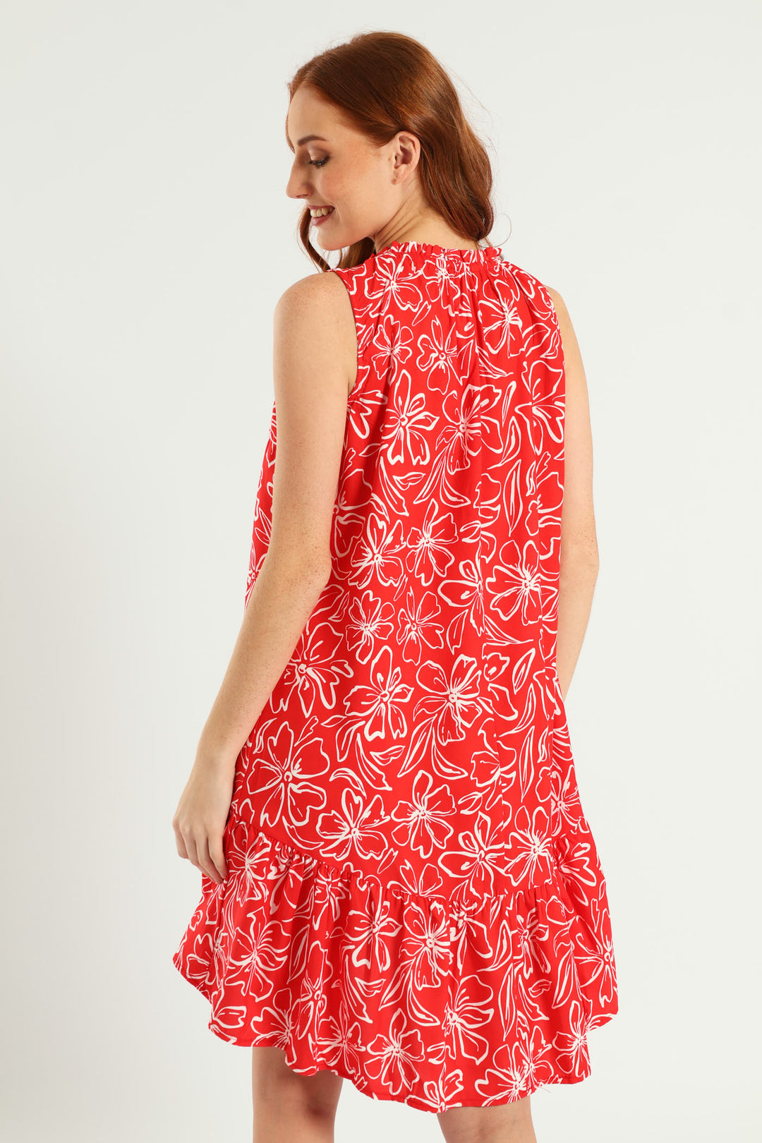 Sleeveless Printed Frill Neck Drop Hem Dress - White/Red