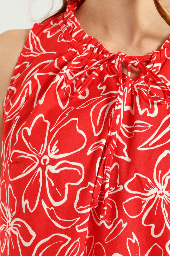 Sleeveless Printed Frill Neck Drop Hem Dress - White/Red