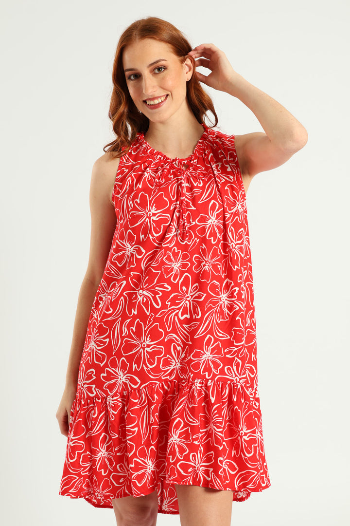 Sleeveless Printed Frill Neck Drop Hem Dress - White/Red