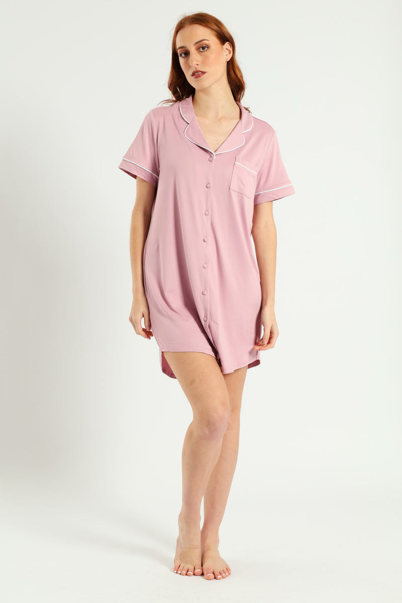 Button Through Sleepshirt - Dusty Pink