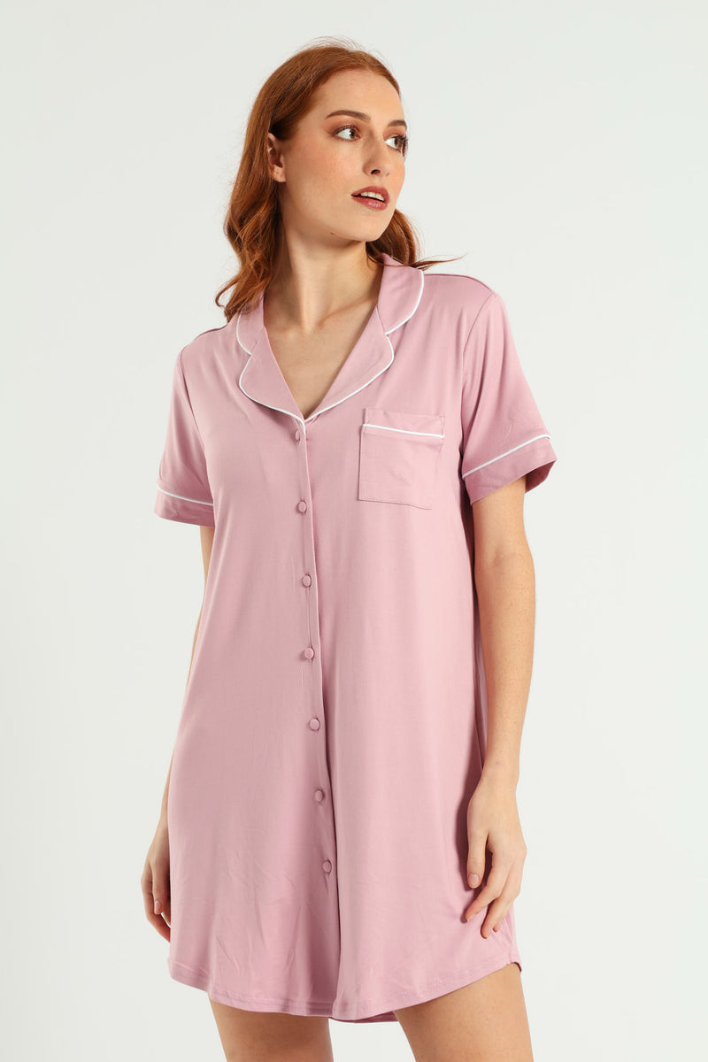 Button Through Sleepshirt - Dusty Pink