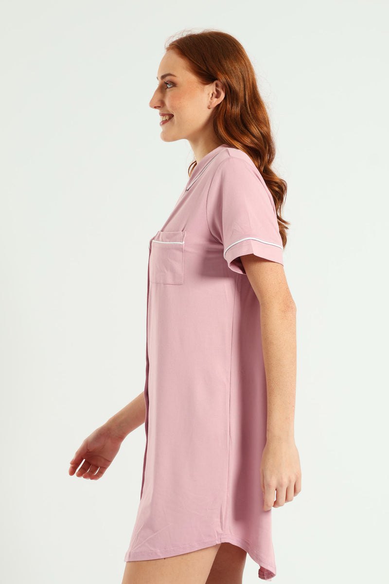Button Through Sleepshirt - Dusty Pink