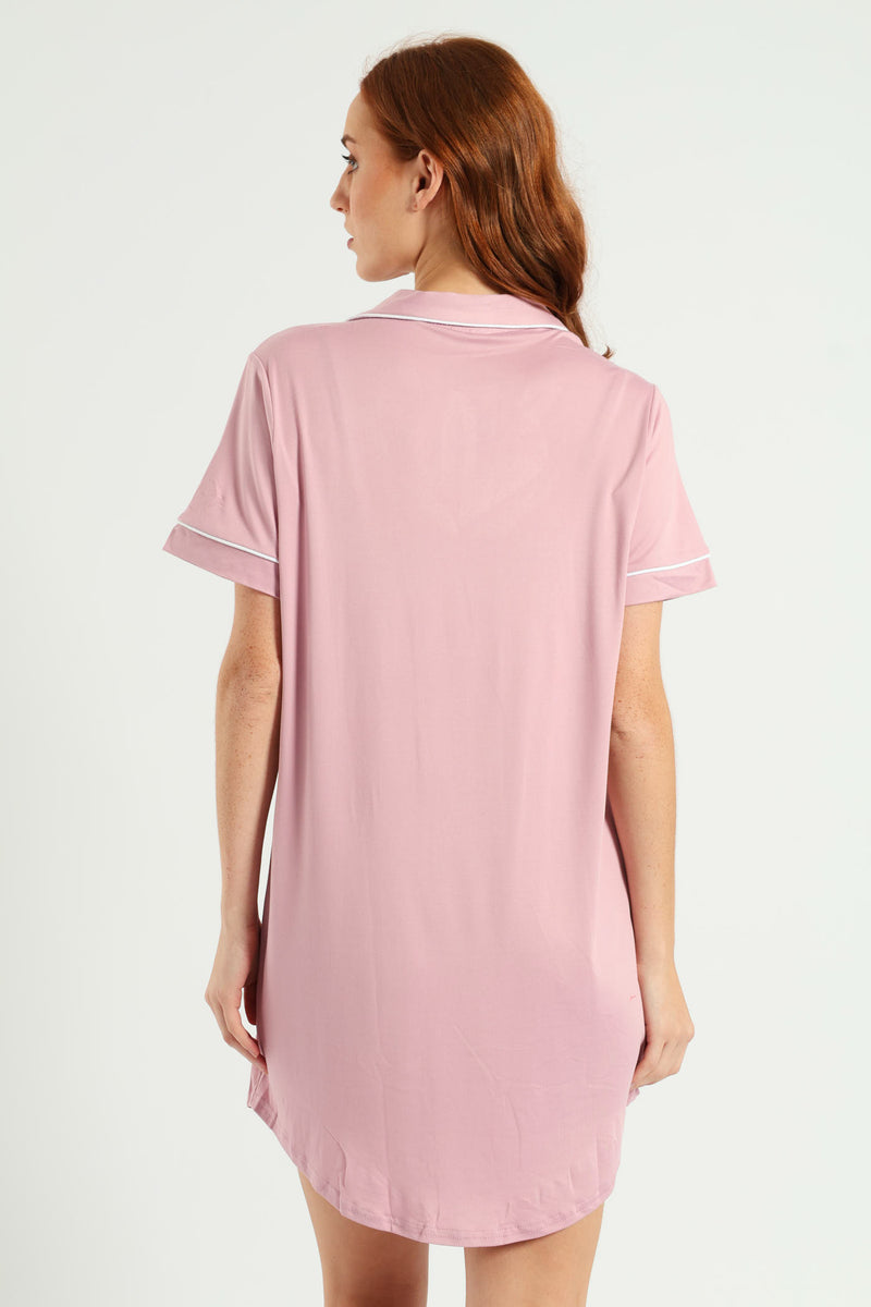 Button Through Sleepshirt - Dusty Pink
