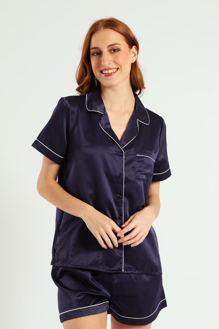 Short Sleeve Button Through Satin Short Set - Navy