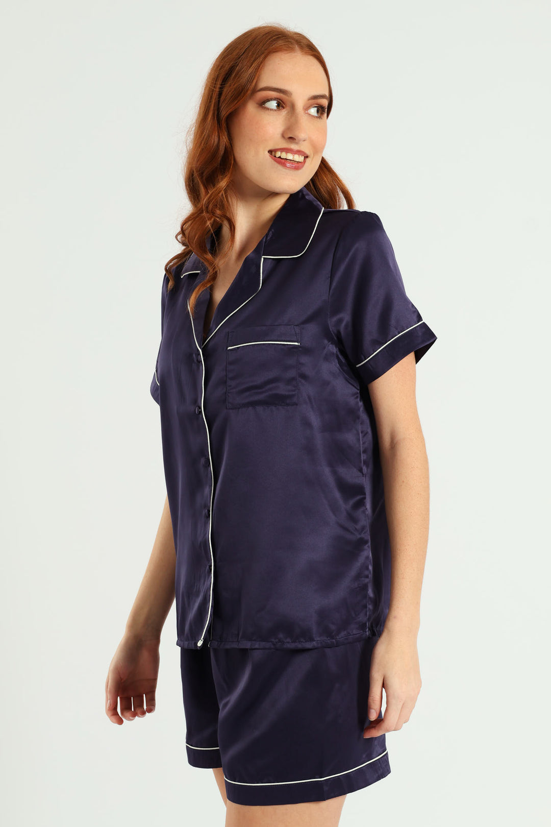Short Sleeve Button Through Satin Short Set - Navy