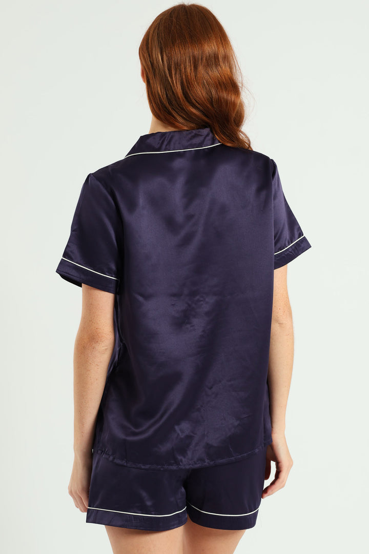 Short Sleeve Button Through Satin Short Set - Navy