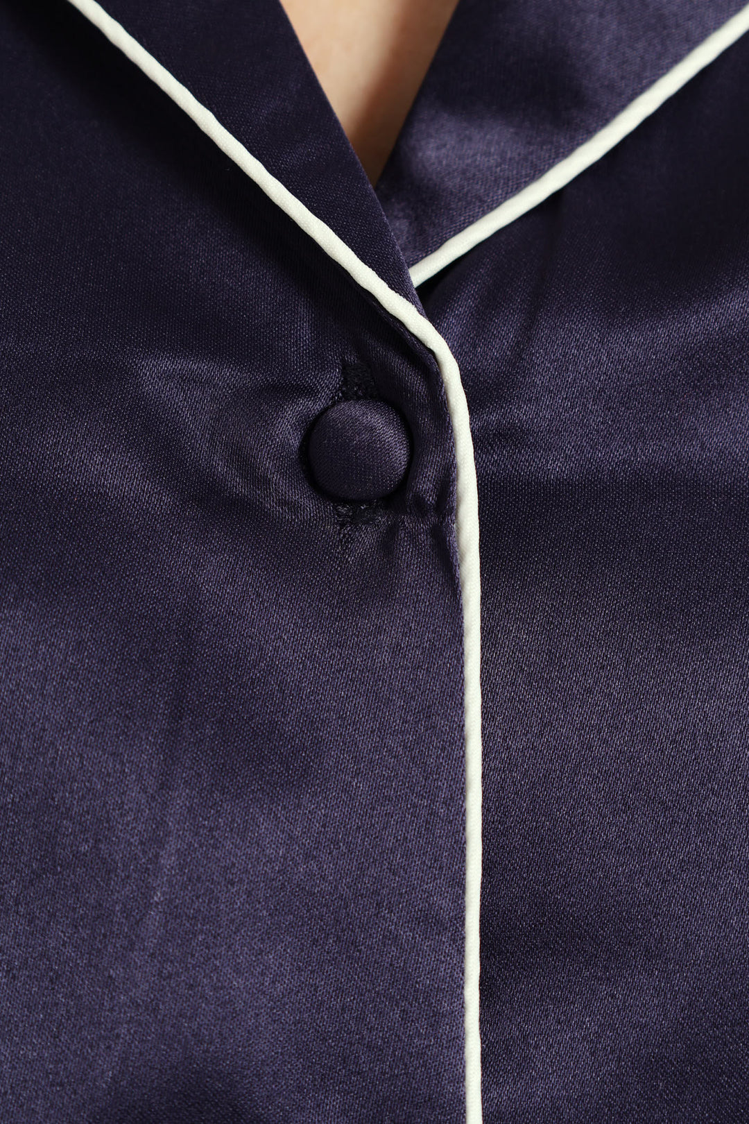 Short Sleeve Button Through Satin Short Set - Navy