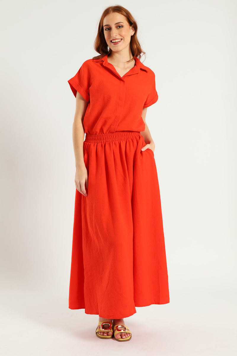 Textured Flare Midi Skirt - Vermilion