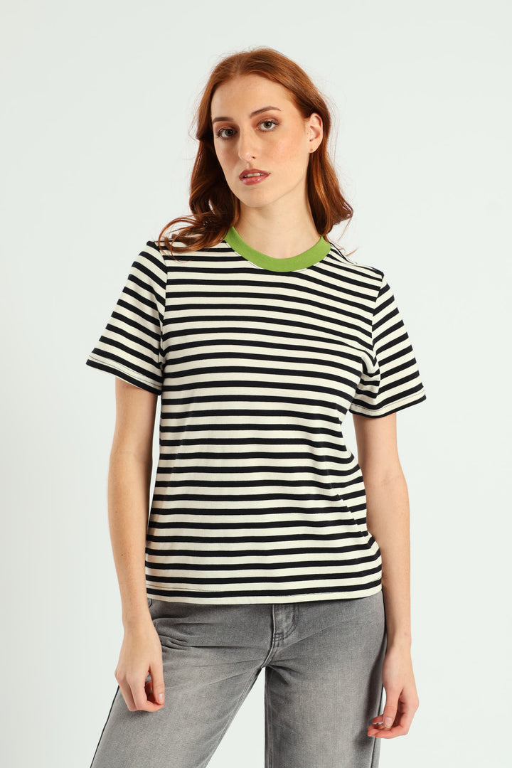 Contrast Rib Nack Stripe Boxy Tee  - Black/Beige