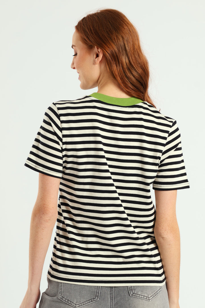 Contrast Rib Nack Stripe Boxy Tee  - Black/Beige