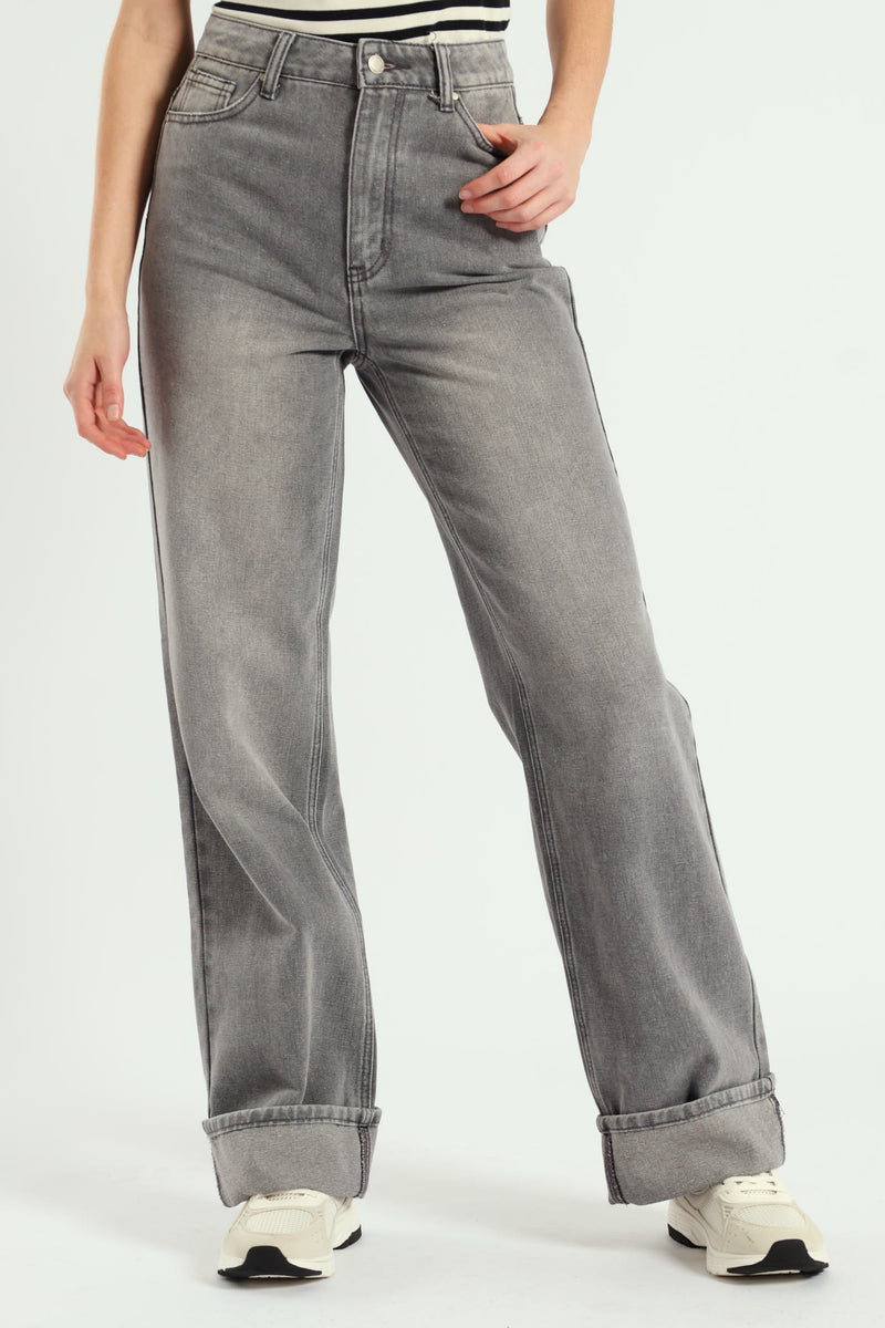 Turn Up Wide Leg Anklegrazer Jean - Dark Grey