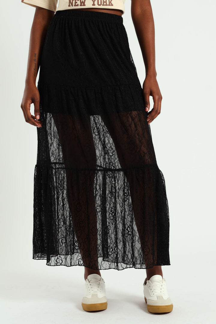 Tiered Lace Maxi Skirt - Black