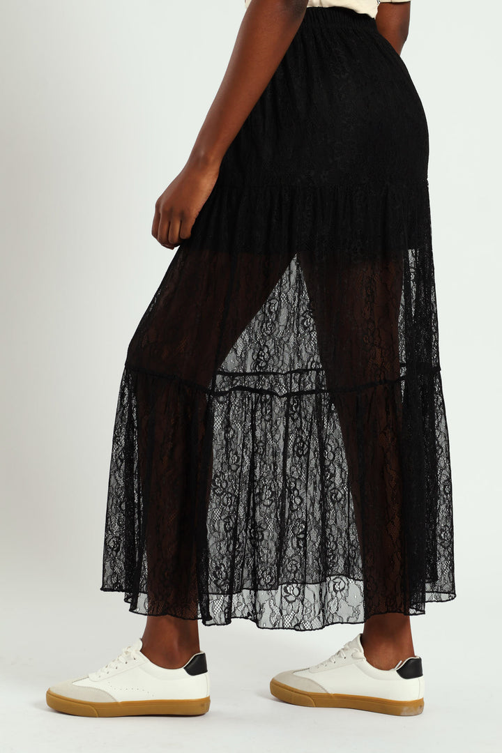 Tiered Lace Maxi Skirt - Black