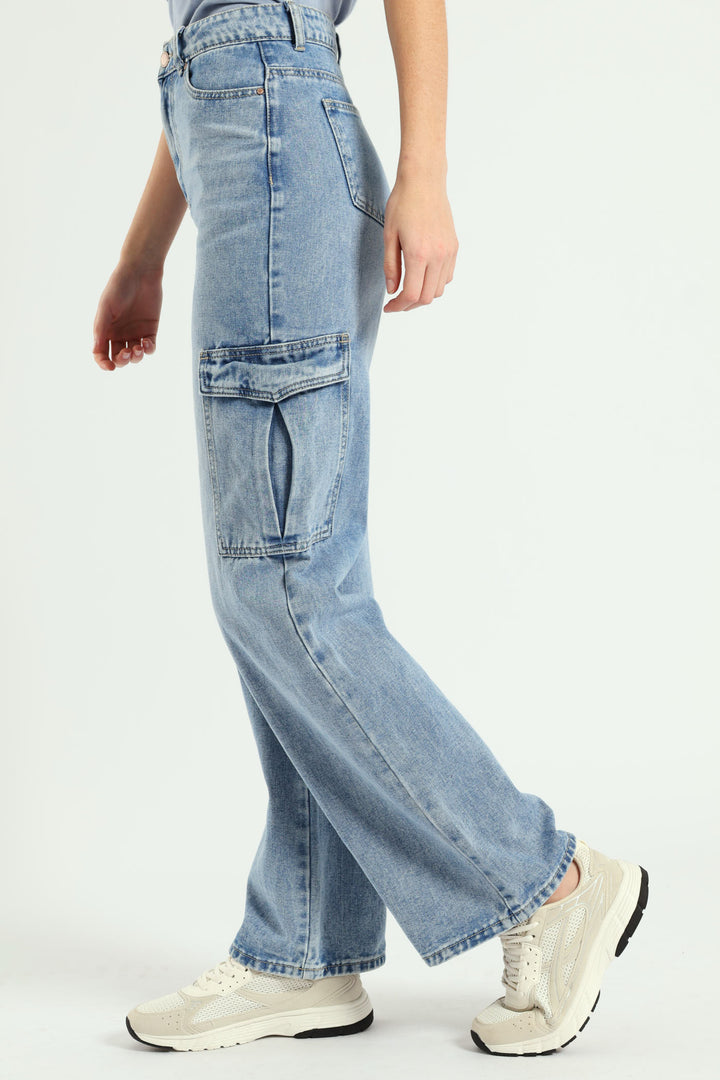 Wide Leg Pocket Cargo Denim - Light Wash