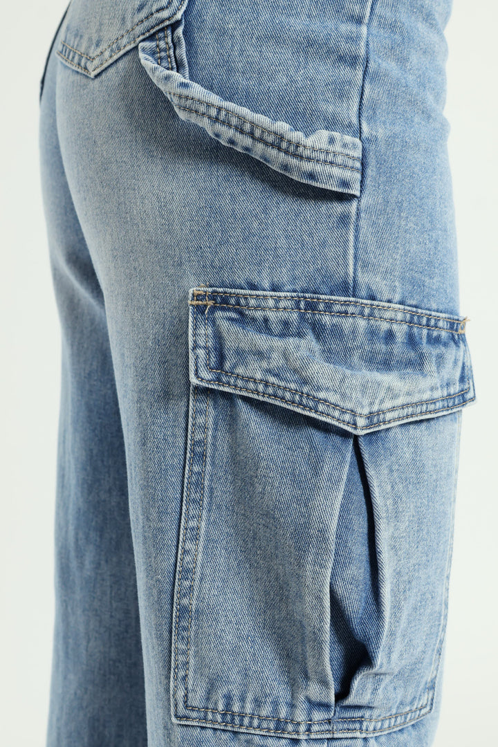 Wide Leg Pocket Cargo Denim - Light Wash
