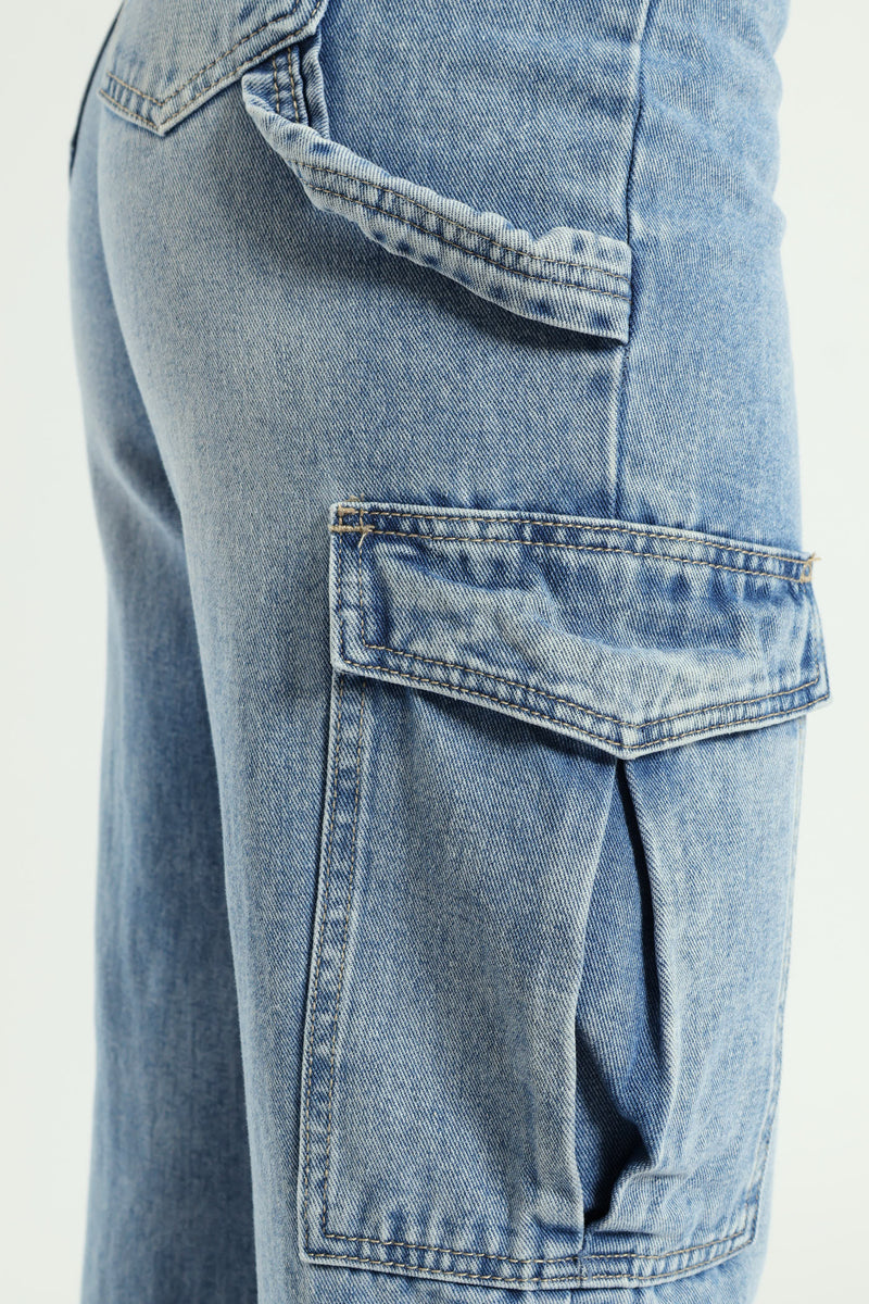 Wide Leg Pocket Cargo Denim - Light Wash