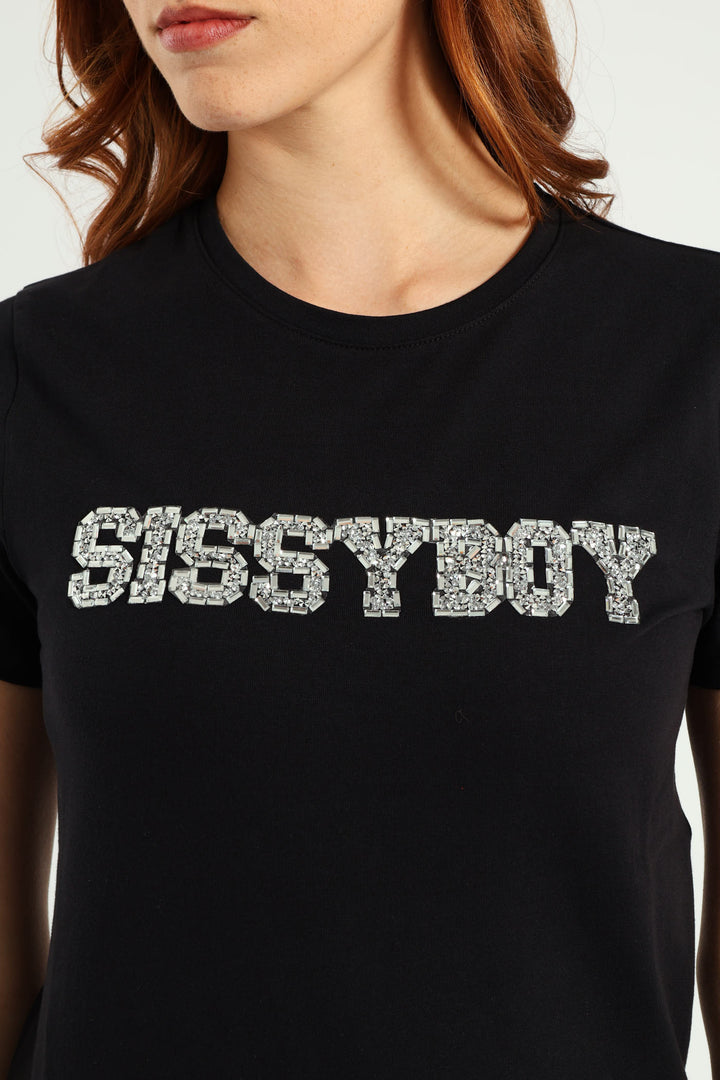 Bold Move Regular Fit Top With Bling Design - Black