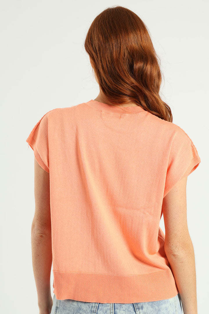 Zig-Zag Yoke Pointelle Grown On Sleeve Tee - Light Coral
