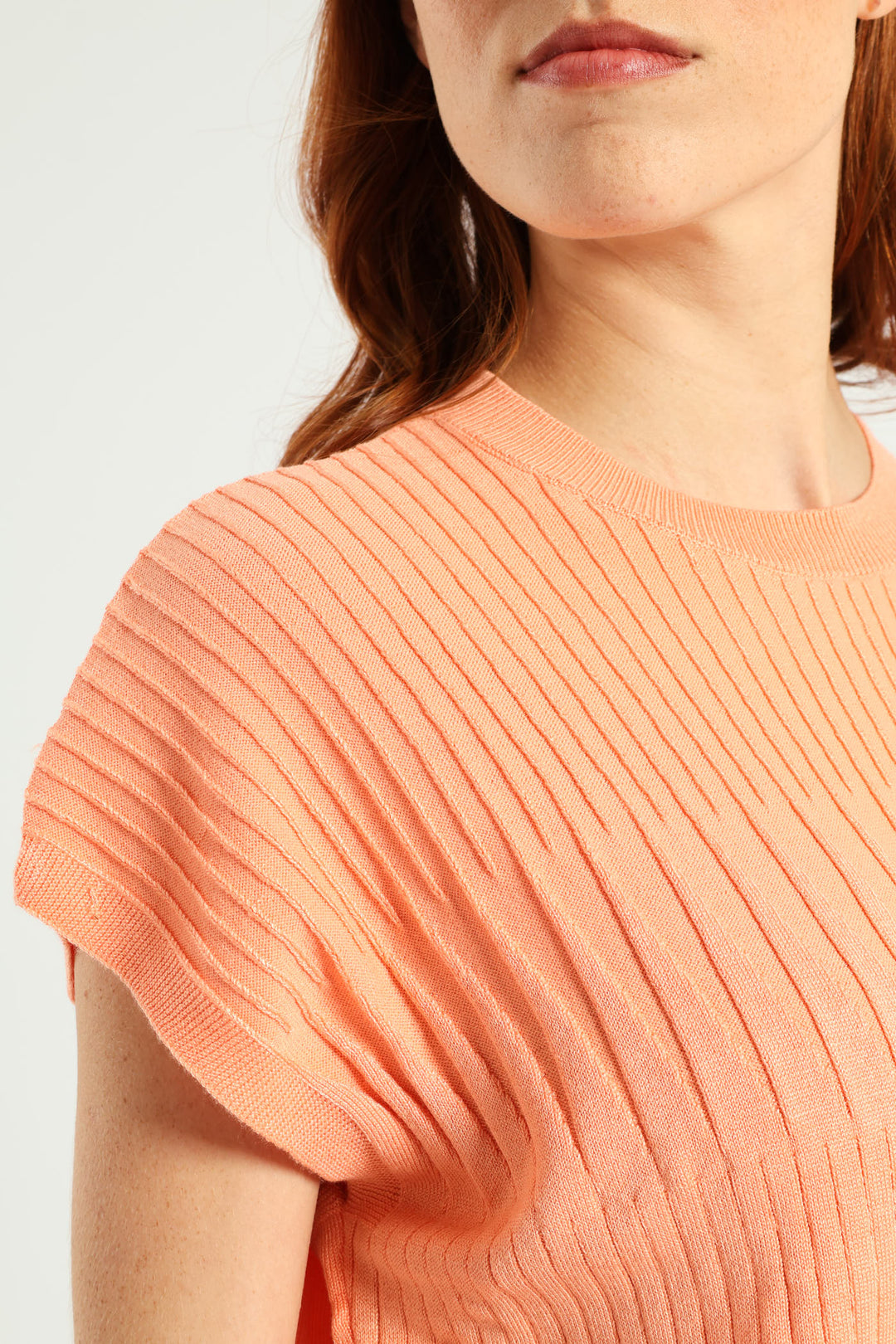 Zig-Zag Yoke Pointelle Grown On Sleeve Tee - Light Coral