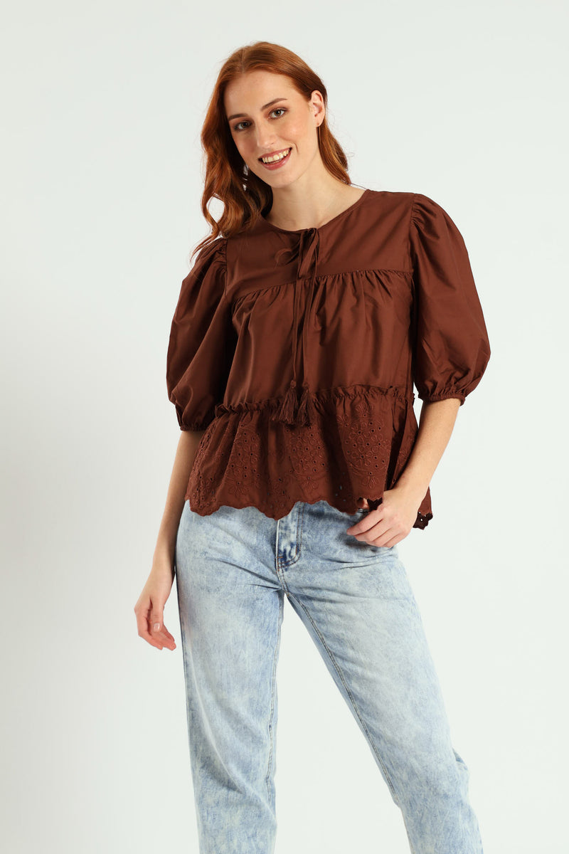 3/4 Sleeve Babydoll Puff Printed Top - Dark Brown