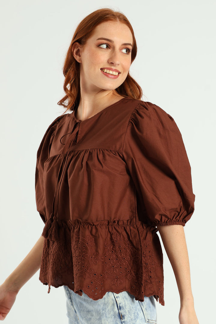 3/4 Sleeve Babydoll Puff Printed Top - Dark Brown