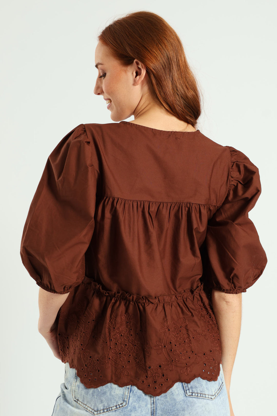 3/4 Sleeve Babydoll Puff Printed Top - Dark Brown
