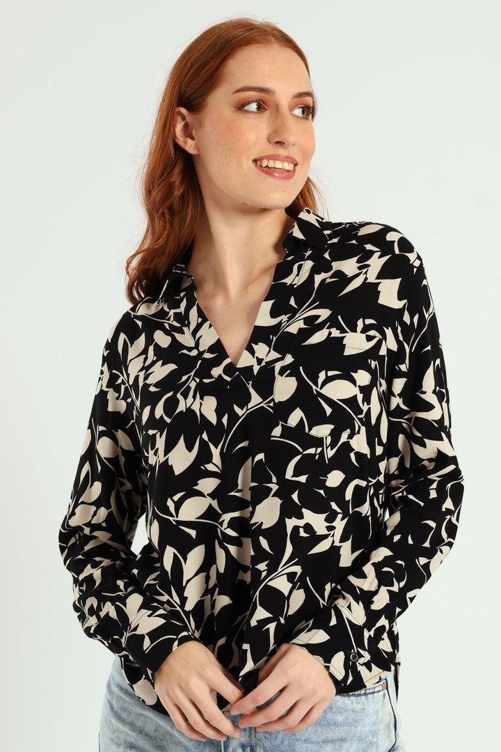 Half Placket Printed Popover Blouse - Black/Cream