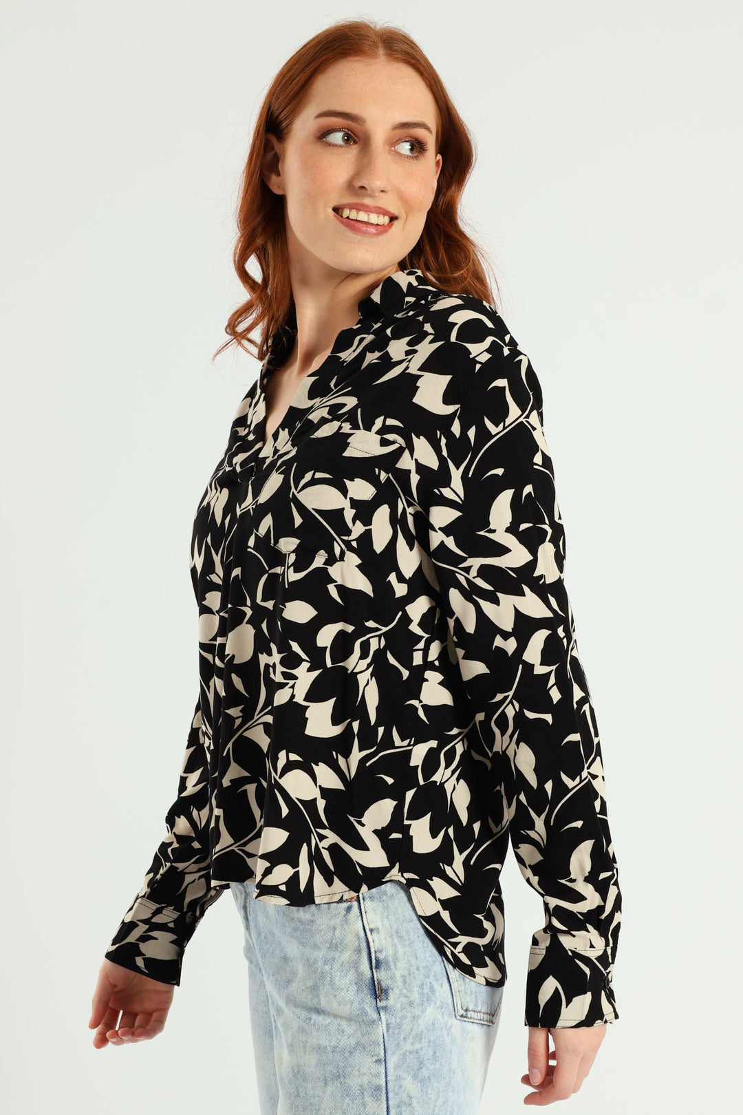 Half Placket Printed Popover Blouse - Black/Cream