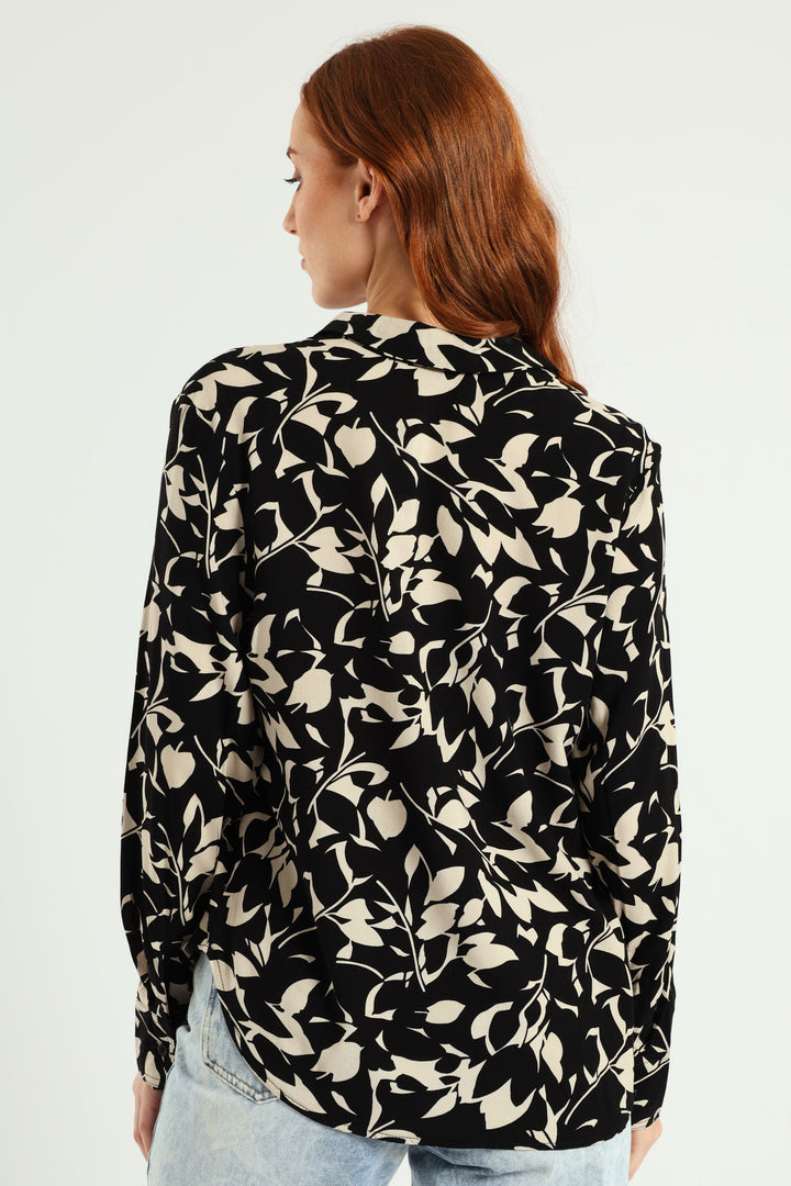 Half Placket Printed Popover Blouse - Black/Cream