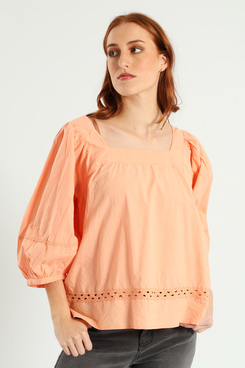 Balloon Sleeve Rick-Rack Detail Square Neck Blouse - Light Coral