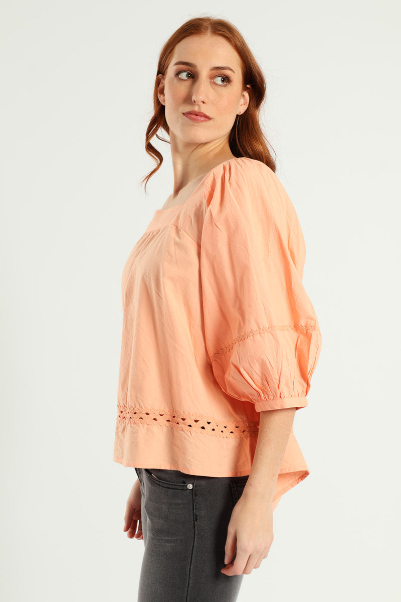 Balloon Sleeve Rick-Rack Detail Square Neck Blouse - Light Coral