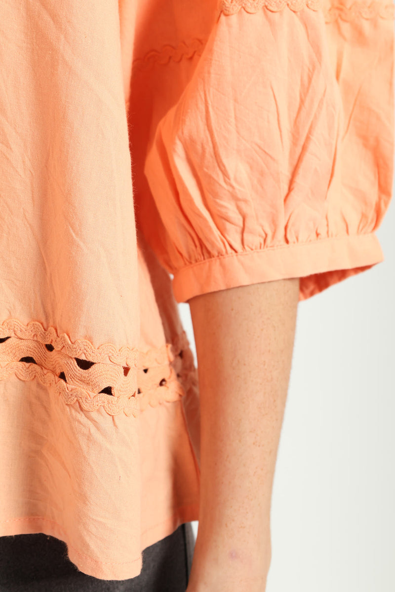 Balloon Sleeve Rick-Rack Detail Square Neck Blouse - Light Coral