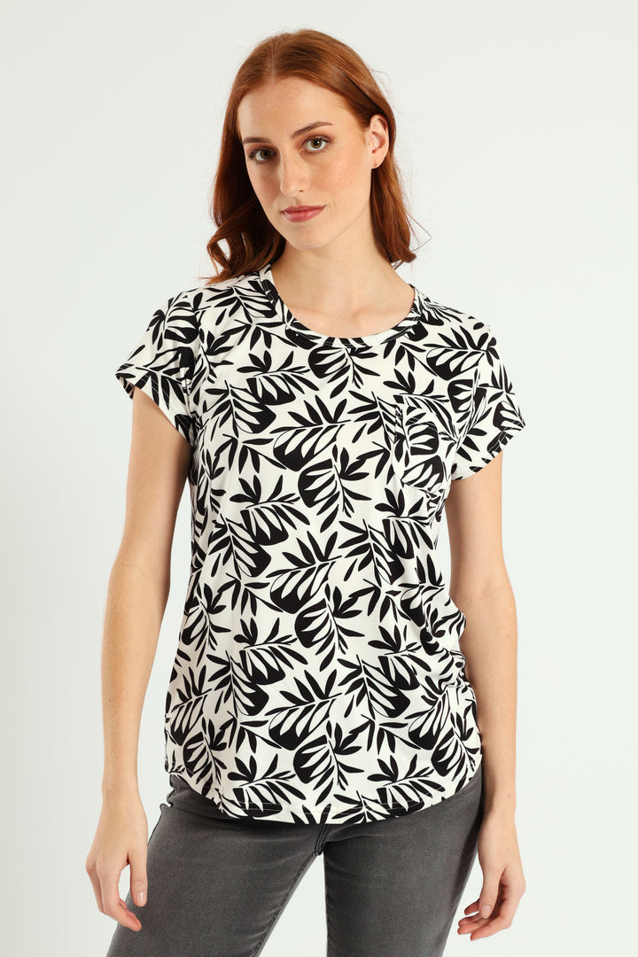 Two Tone Abstract Leaves Printed Pocket Tee - Black/White