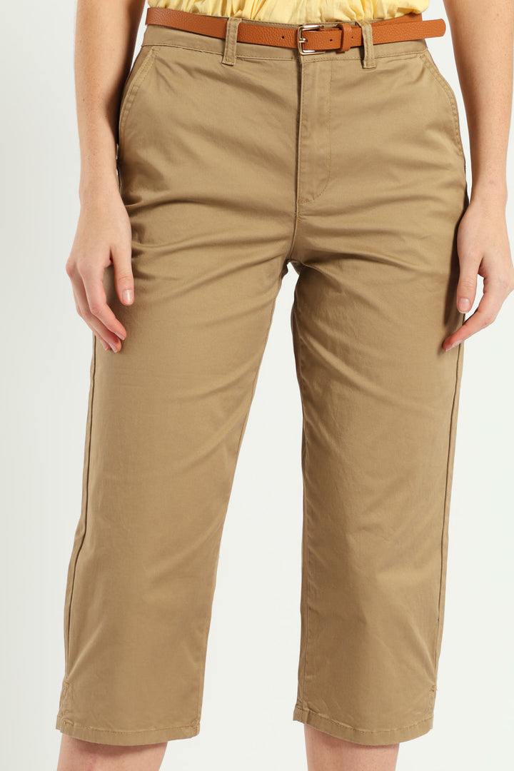 Belted Sateen Chino Capri Shorts - Light Stone