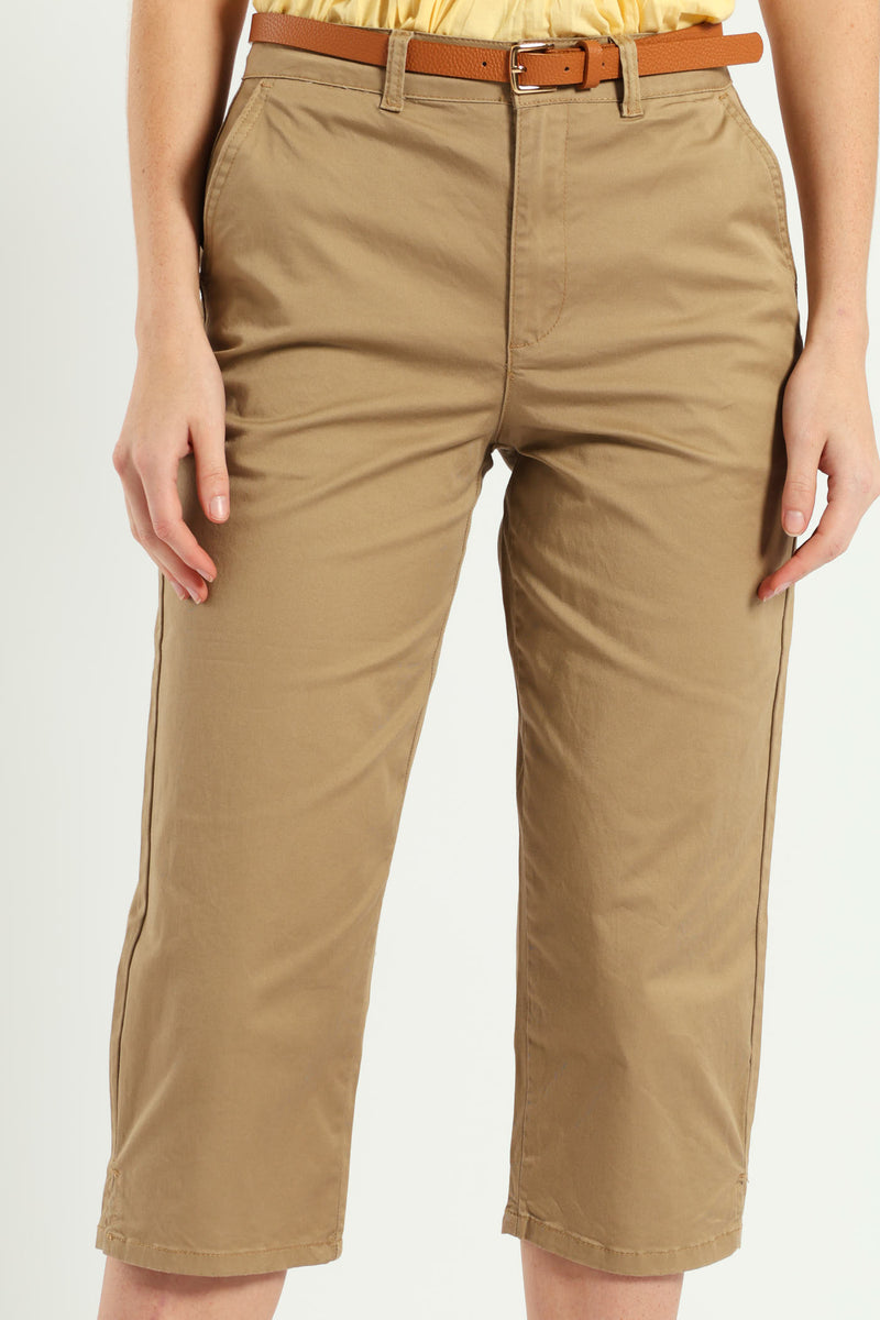Belted Sateen Chino Capri Shorts - Light Stone