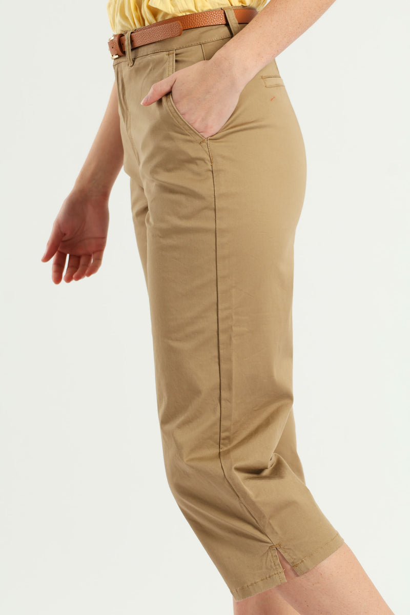 Belted Sateen Chino Capri Shorts - Light Stone
