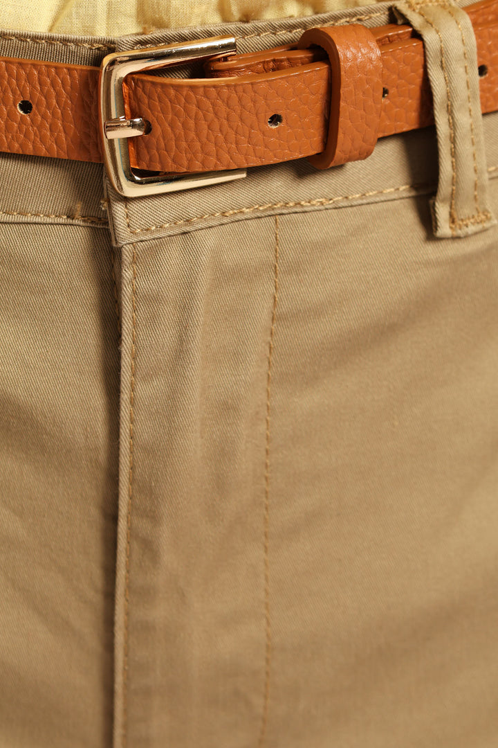 Belted Sateen Chino Capri Shorts - Light Stone