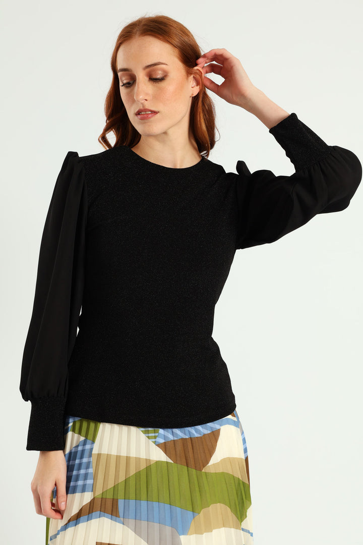 Crew Neck Shimmer Combo Blouse - Black