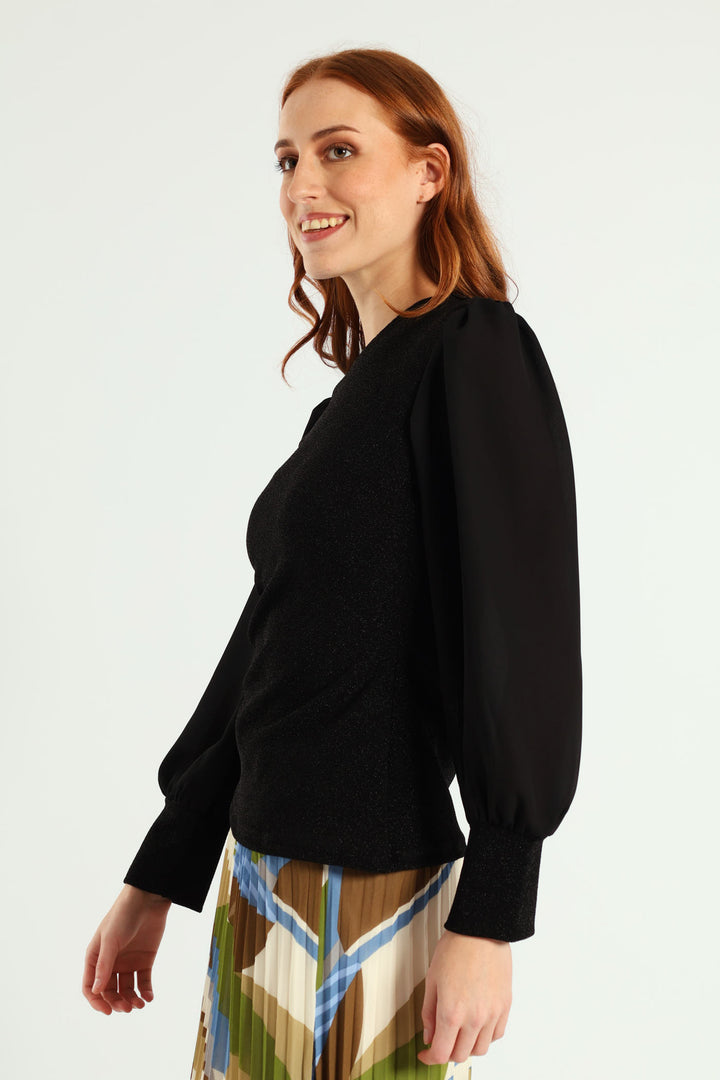 Crew Neck Shimmer Combo Blouse - Black