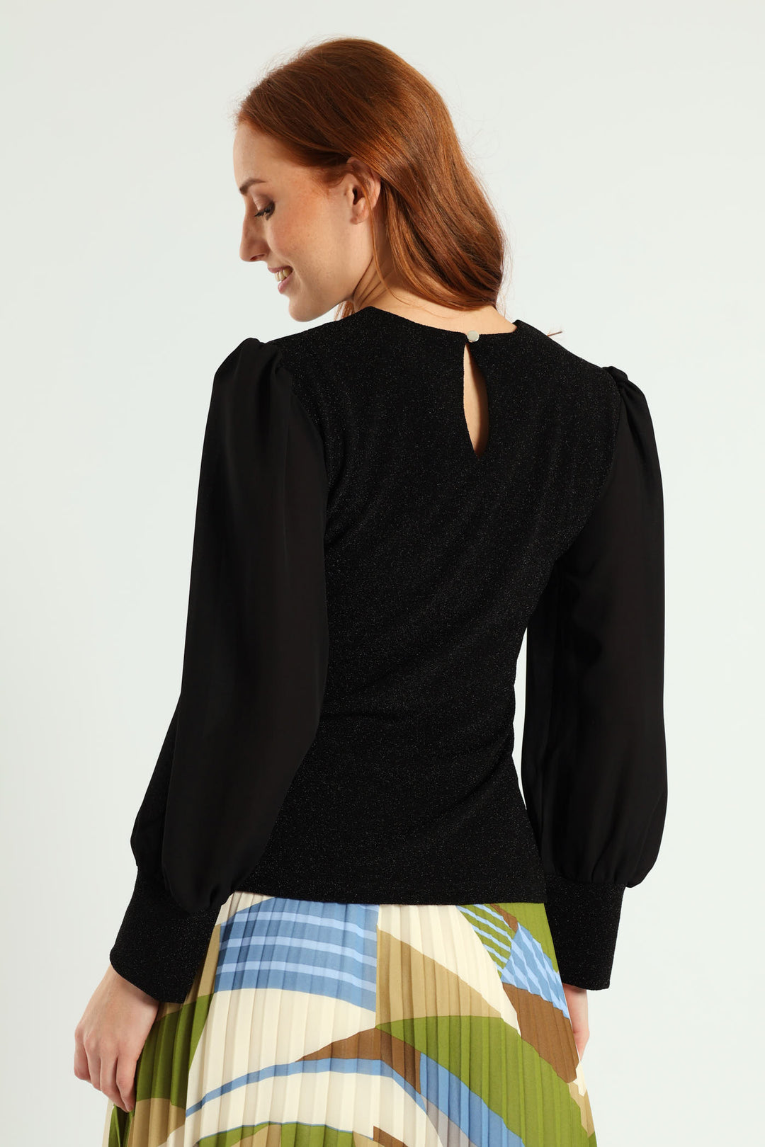 Crew Neck Shimmer Combo Blouse - Black